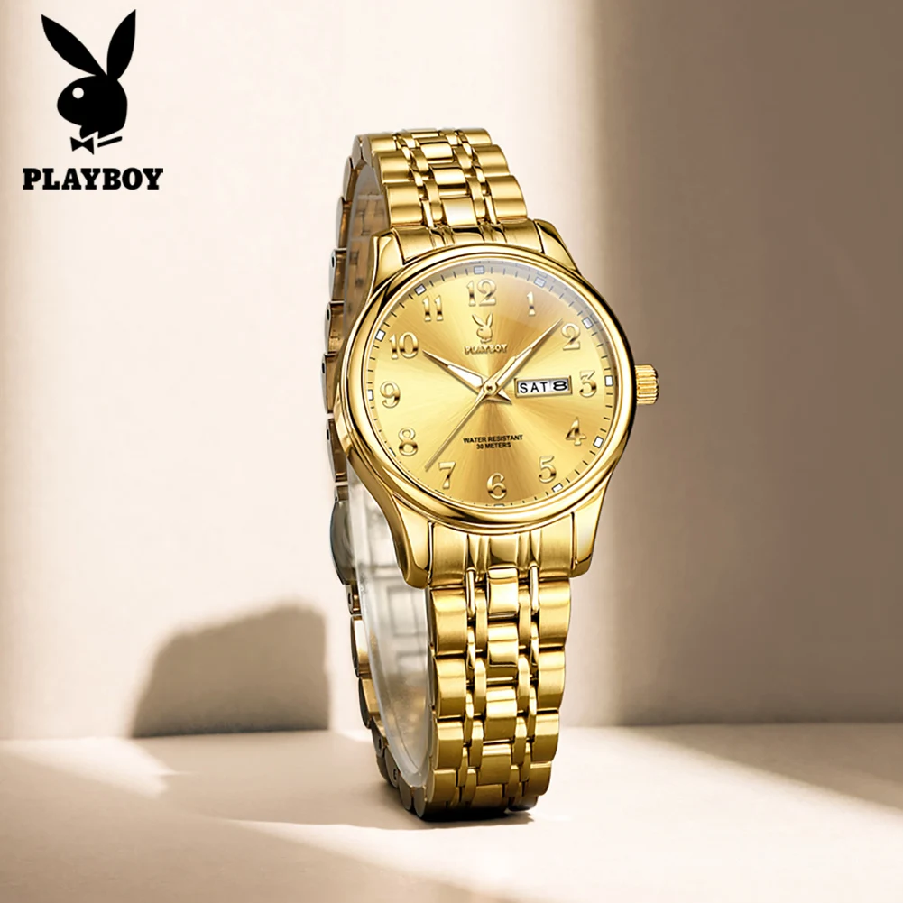 PLAYBOY New Women's Watches Fashion Urban Style Digital Dial Classic Dual Calendar Luxury Original Quartz Watches for Woman 3533