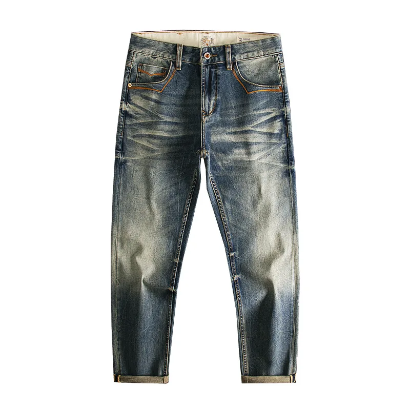 High end fashion nostalgic jeans men's retro washed slim straight tube classic embroidery casual denim pants