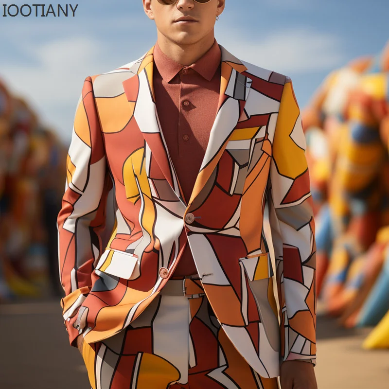 IOOTIANY Men Traditional Retro Clothing 3d Digital Printing Party Long Sleeve Suit Stage Nightclub Cool Performance Blaze Suits