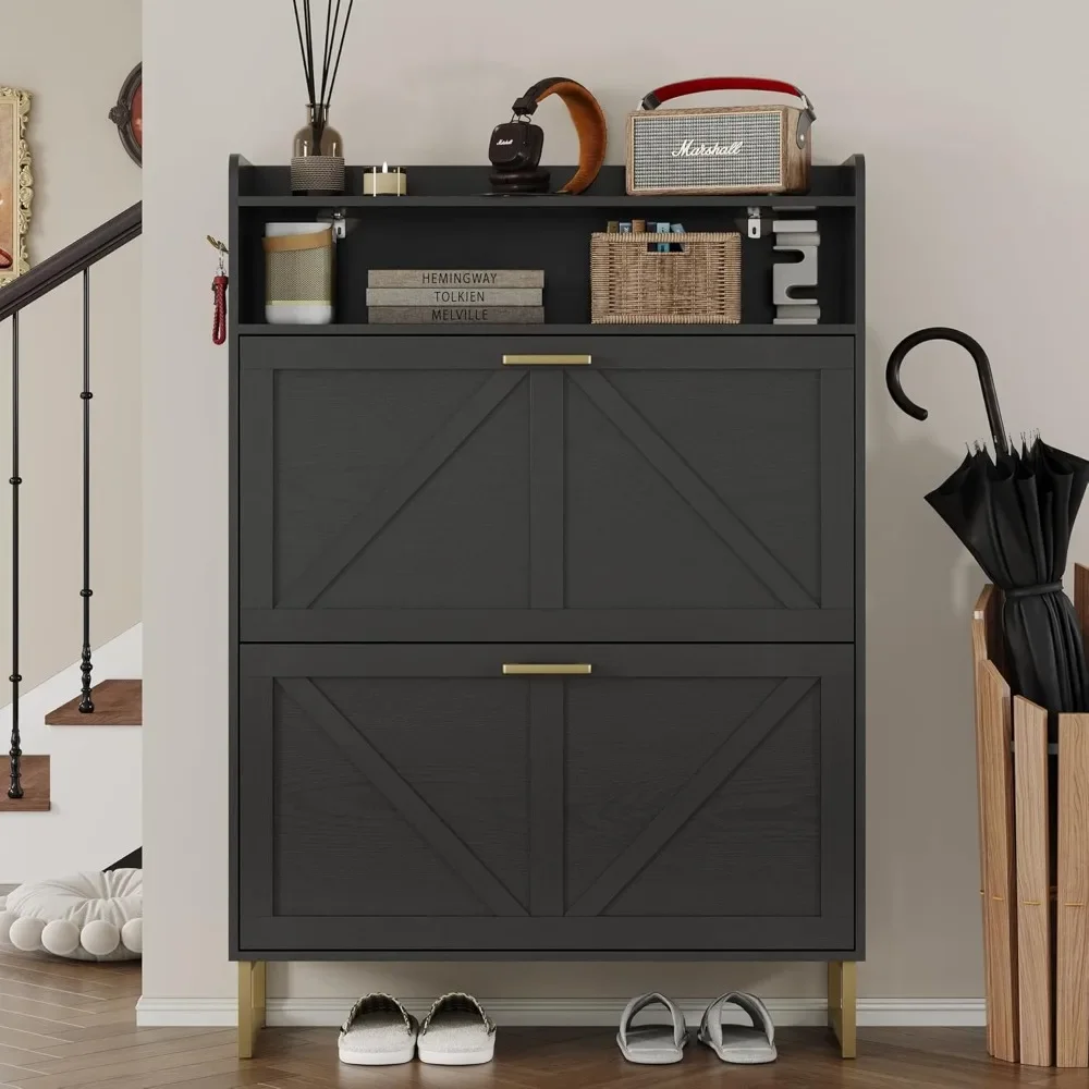 

Shoe Cabinet with 2 Flip Drawers Narrow Shoe Storage Cabinet Organizer Wooden Freestanding Rack Hidden for Entryway, Hallway