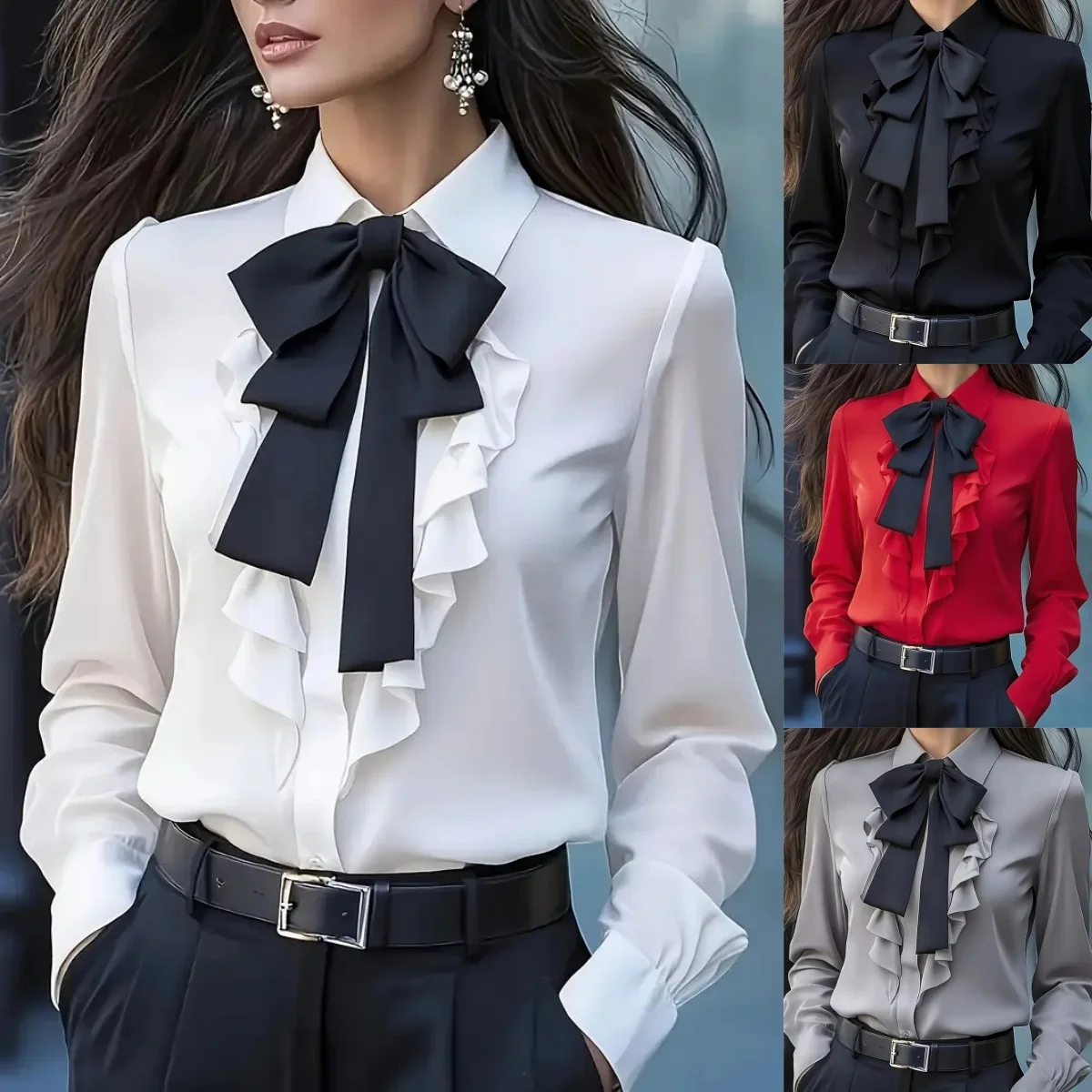 

Shirt Top Women Ruffles Bow Neck Lace Up Full Sleeve Covered Button Blouse Formal Workwear Tops Shirts Office Lady Spring Autumn