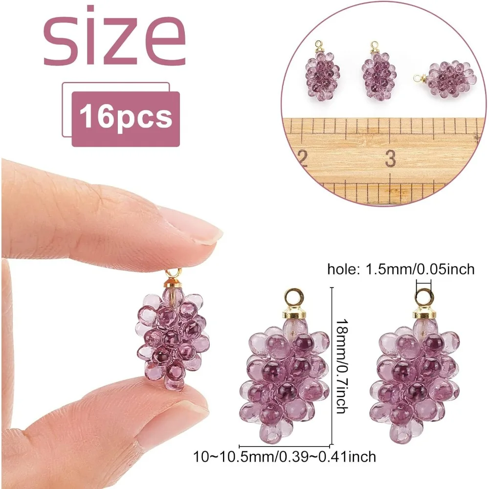 16Pcs Grape Resin Bud Charms Handmade Dried Flower Pendants with Peg Bails for DIY Bracelet Earring Necklace Jewelry Making