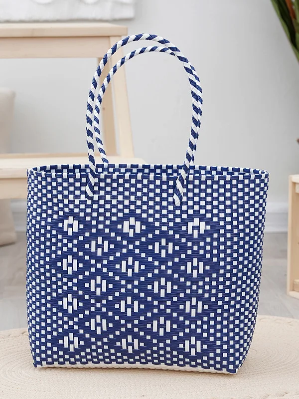 

Casual Leisurely Woven Basket Bag Large Capacity Vacation Beach Handbag Photography Decoration Girls' Bags Diamond Grid Pattern