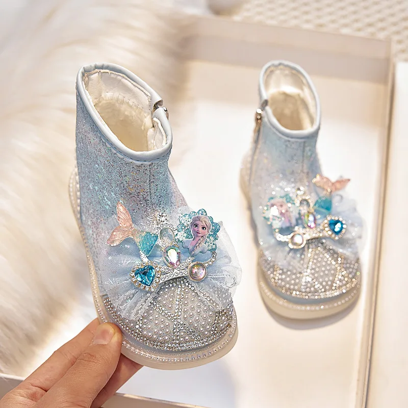 

Kids'Casual Boots Ankle Boots Cotton Elsa Princess Spring Shoes For Girls Anti-slip Warm Velcro Blue Pink Shoes Size 25-32