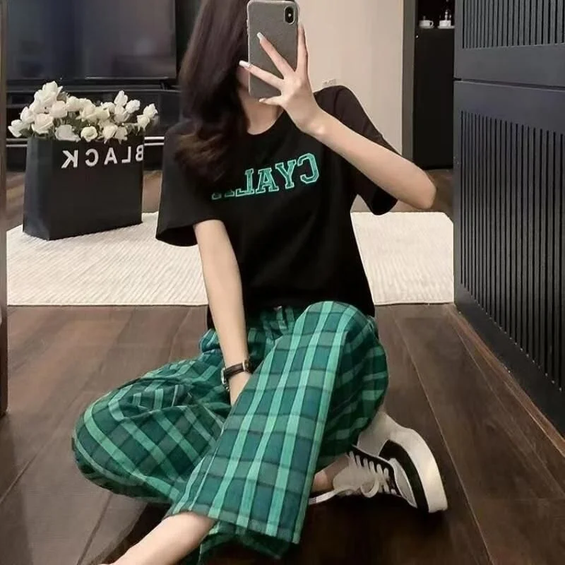 

Summer Sportswear Set Women's Loose Wide Leg Pants Slimming Two Piece Set Short Sleeve Korean Style Casual Fashionable