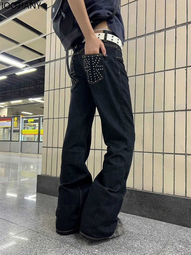 

Vintage Rhinestone Women's Jeans Y2K Harajuku Low Rise American Straight Jeans Loose Grunge Glamour Street Pants 2025