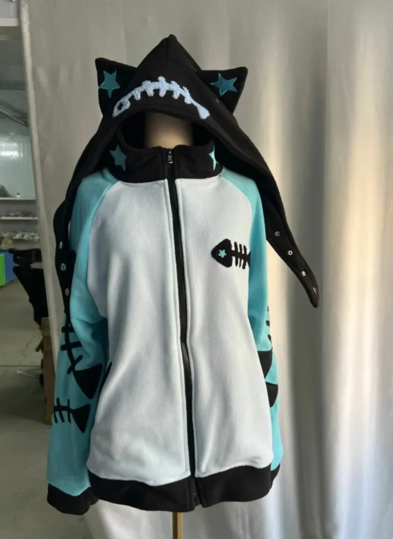 Damska bluza z kapturem w stylu japońskich kocich uszu, rybia ość, subkultura vintage Y2k Harajuku punk, oversize, słodki kardigan, rozpinana bluza na zamek.