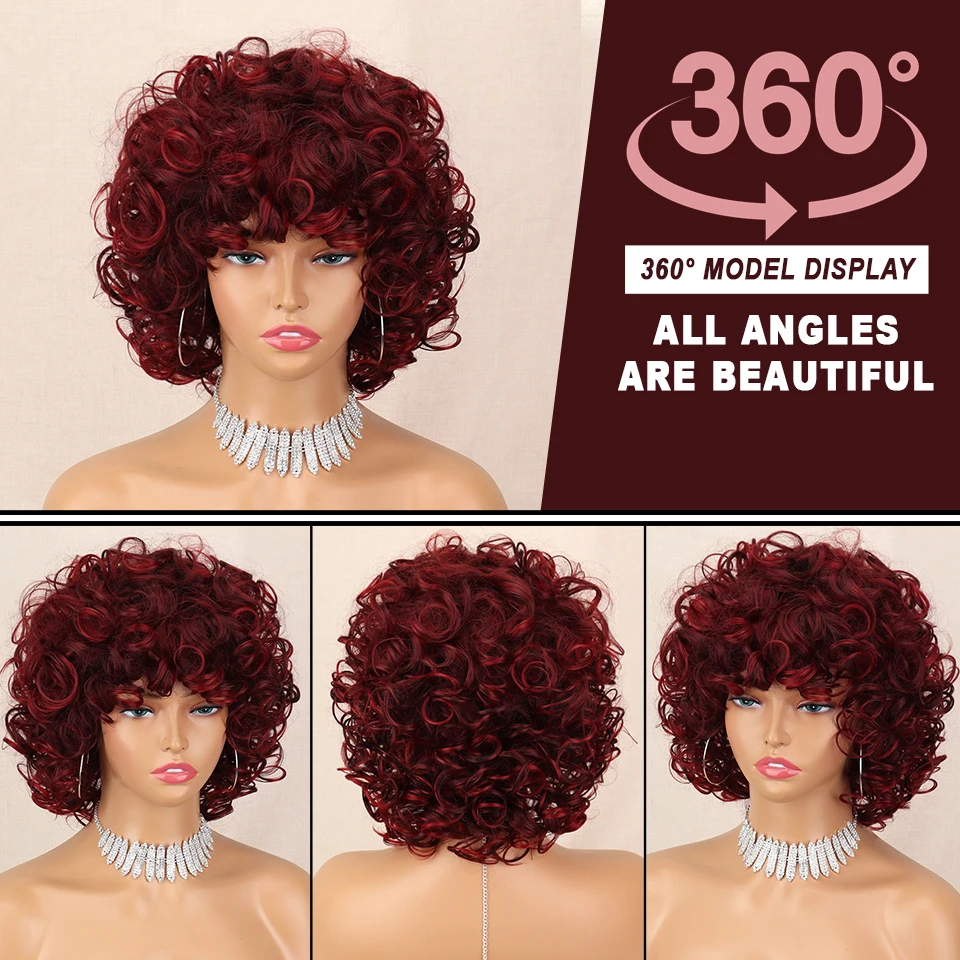 Short Curly Wigs for Black Women Soft Black to Red Big Curly Wig with Bangs Afro Loose Cute Curls Heat Resistant Synthetic Wig