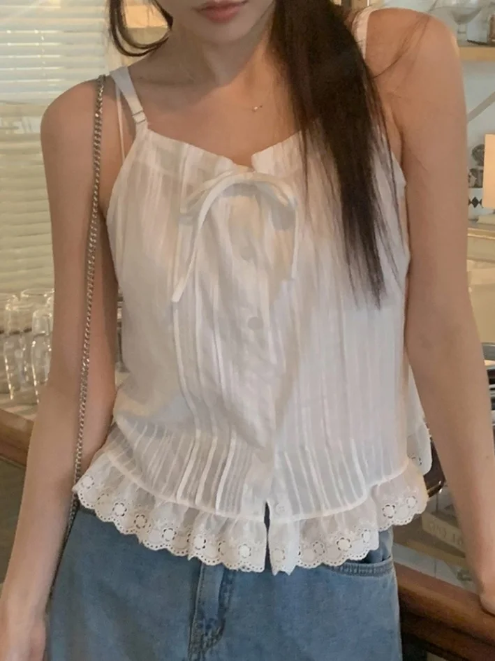 

Faionable Summer ort Strap Vest Women's Design Sense Top Wooden Lace Tie Waist Slimming Effect Young Looking