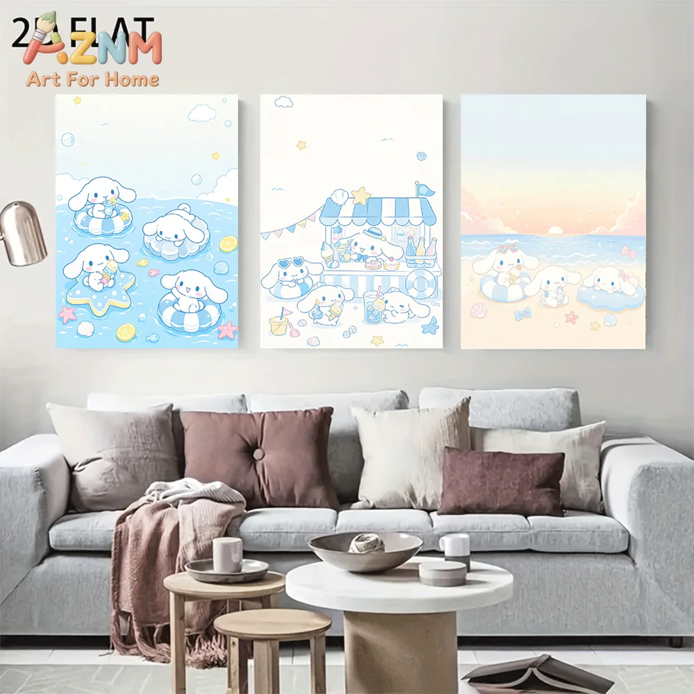 AZNM Cinnamoroll Canvas Wall Art Unframed Cute Cartoon Print Poster Beach Snack Shop Swimming Ring Seashell Starfish Sunset Summ