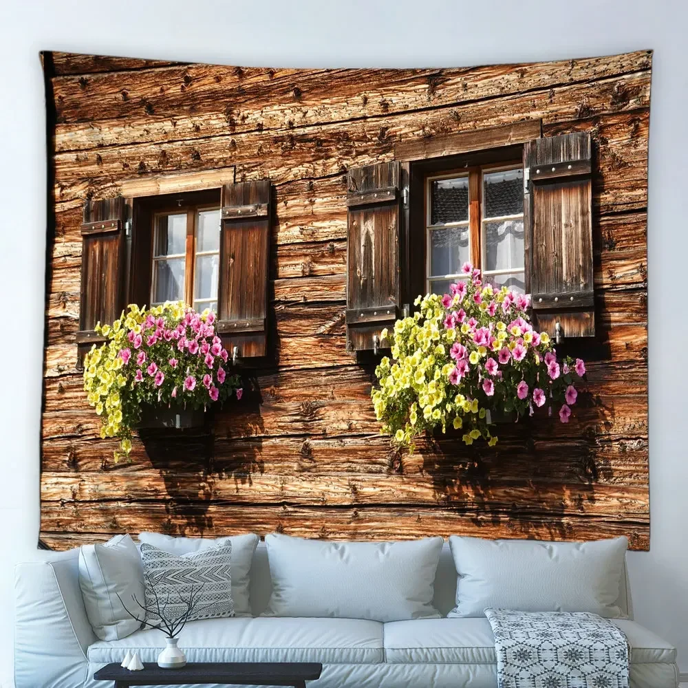 

Retro Flowers Window Scenery Tapestry Country Town Old Wooden House Green Plants Vines Hippie Wall Hanging Cloth Bedroom Decor