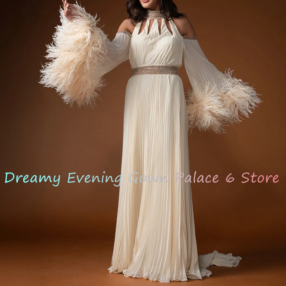 맞춤형 패션 쉬폰 A 라인 오프 숄더 깃털, 이브닝 원피스 기질 바닥 길이, 맞춤형 사이즈