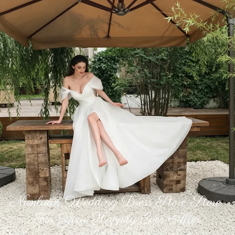 Puff Sleeve Organza Bridal Gown Off Shoulder Deep V High Slit Chapel Train Vestidos De Novia Customized