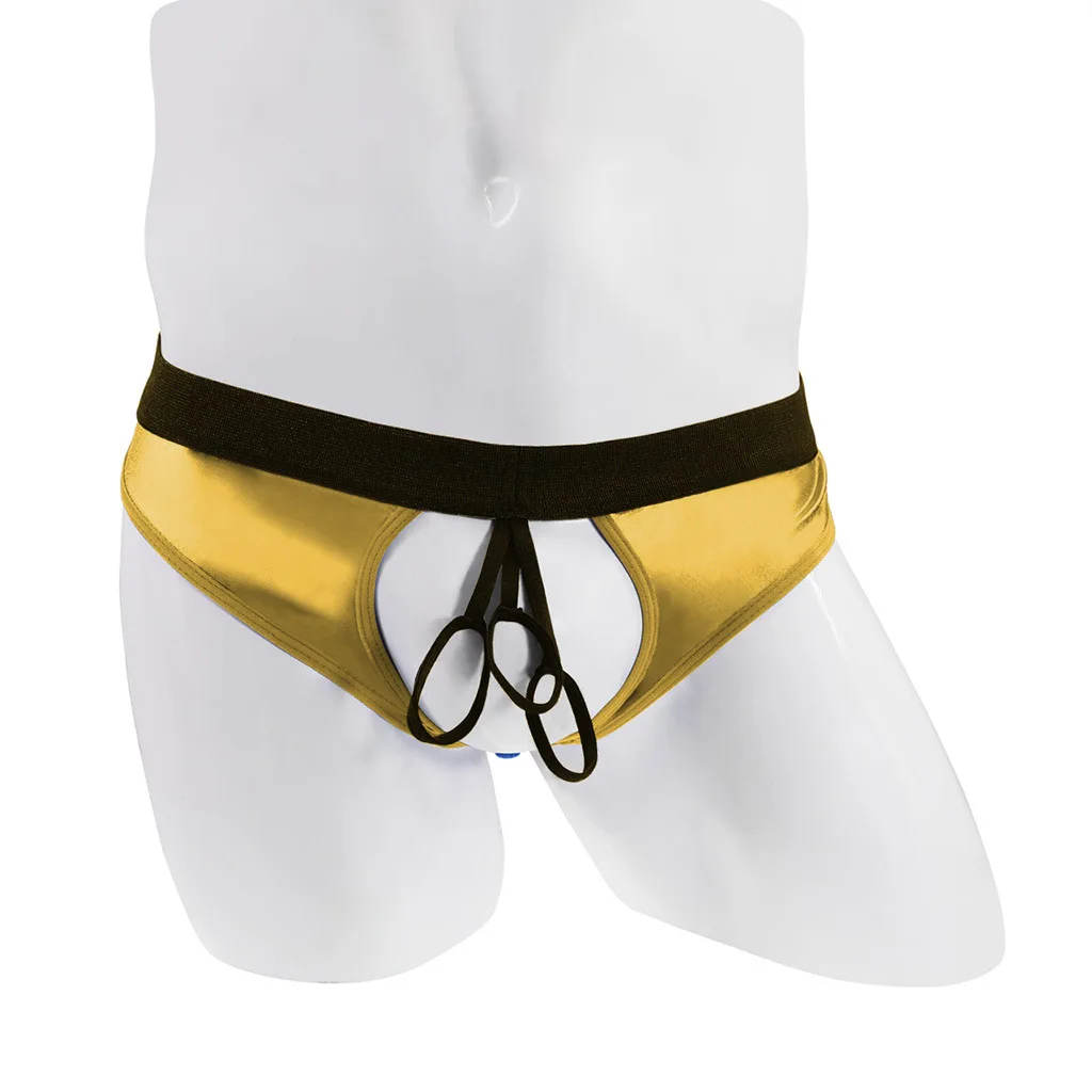 Men's Sexy Underwear Panties Imitation Leather Three Small Rings Thong Breathable Low Waist Sissy T-back Briefs G String