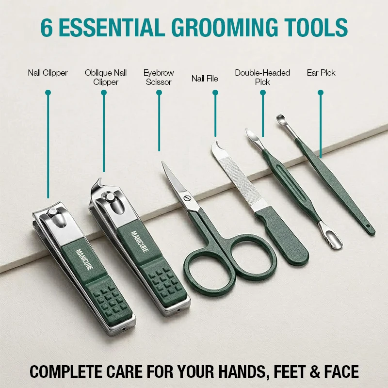 6-IN-1 Nail Clipper Set Portable Travel Manicure Kit for Men & Women – Includes Nail Clippers, Scissors, File & Grooming Tools