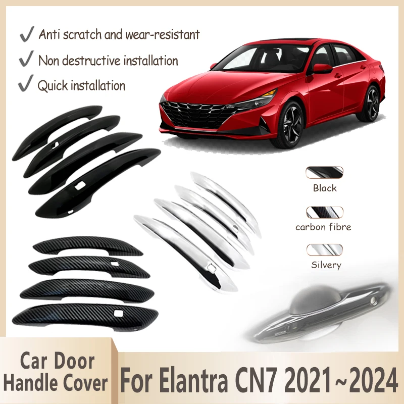 

Car Door Handle Cover For Hyundai Elantra CN7 2021~2024 2022 2023 Sedan Gloss Black Carbon Fiber Chrome Handle Auto Accessories