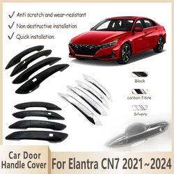 Car Door Handle Cover For Hyundai Elantra CN7 2021~2024 2022 2023 Sedan Gloss Black Carbon Fiber Chrome Handle Auto Accessories