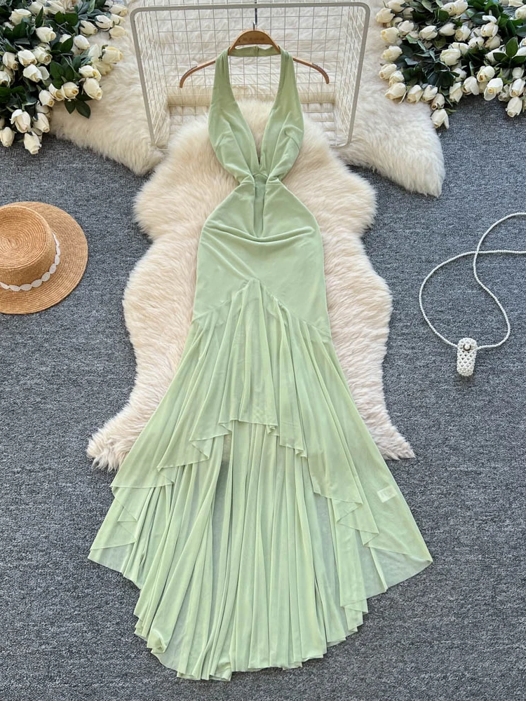 Foamlina عميق الخامس الرسن عارية الذراعين فستان طويل المرأة مثير بلا أكمام سليم بقماش شفاف المرقعة غير النظامية فستان ماكسي لحفلة الصيف