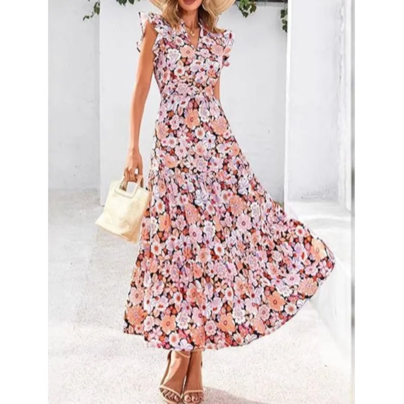 2025 Sommer A-Linien Maxikleid mit Blumenmuster, V-Ausschnitt, Flügelärmeln und Rüschen – Damen Maxi-Kleider im Bohème-Stil für den Strandurlaub