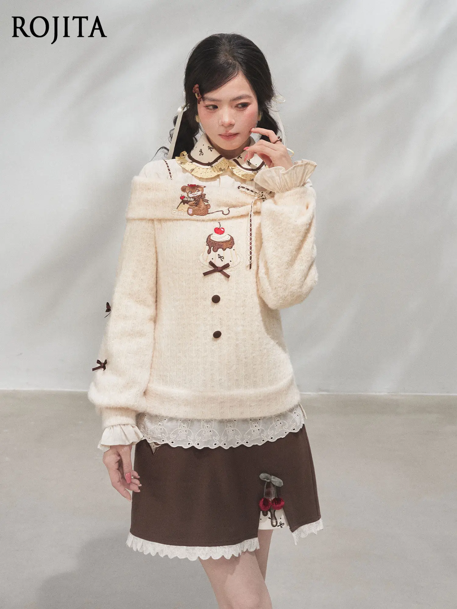 

Hairy Thin Bear Embroidered Sweater Early Spring Doll Collar Long Sleeve Shirt Vintage Elastic Waist Skirt 2026 New