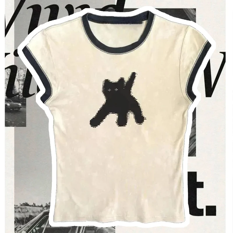 

2025 summer European and American printed T-shirt Y2k casual sweet contrasting color short sleeved T-shirt street wear cute