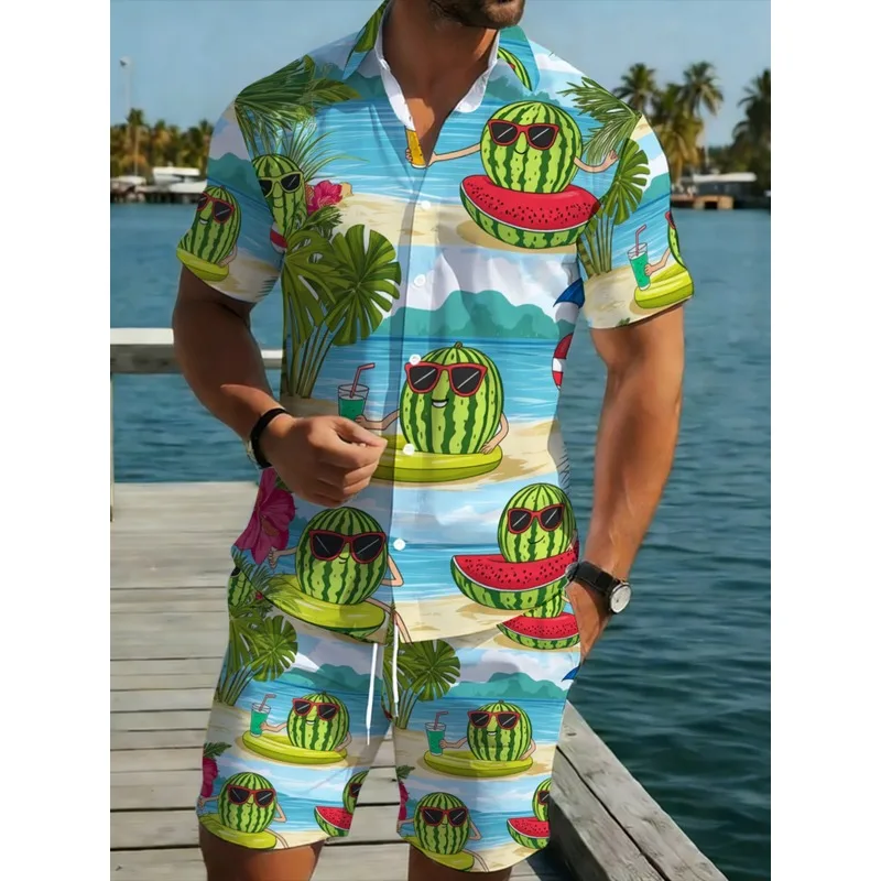 Men's Beach Party Shirt Shorts Set Summer Vacation Quick Dry Polyester Printed Two Piece Outfit