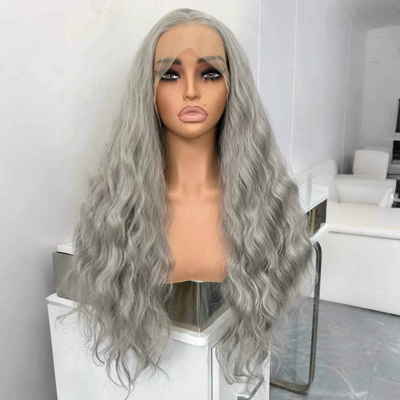 فضي رمادي موجة طبيعية طويلة متموجة مجعد الاصطناعية الدانتيل الجبهة الباروكات للنساء جزء مجاني قبل قطعها موجة المياه الرمادي الملونة الباروكات #4