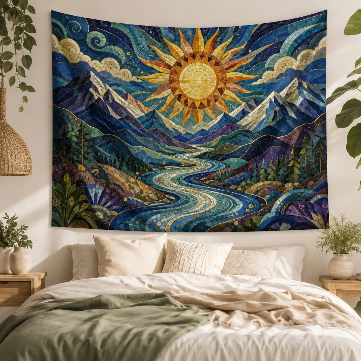 Sun Mountain River Tapestry, Colorful Boho Mosaic Landscape Wall Hanging for Bedroom Living Room Dorm