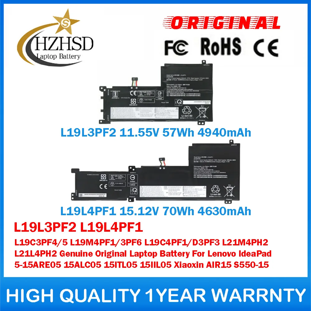 

L19L3PF2 11.55V 57Wh L19L4PF1 15.12V 70Wh L19C3PF4/5 L19M4PF1/3PF6 Genuine Original Laptop Battery For Lenovo IdeaPad 5-15ARE05