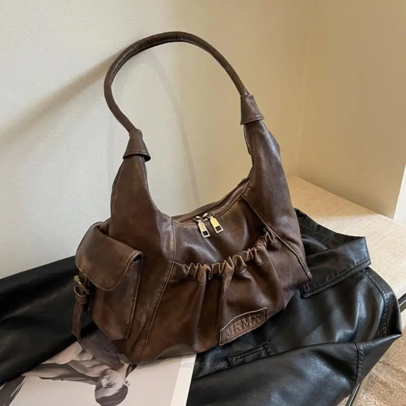 

X5XA Women Retro Dumplings Bag PU Leather Shoulder Bag Pleated Armpit Bag Handbag