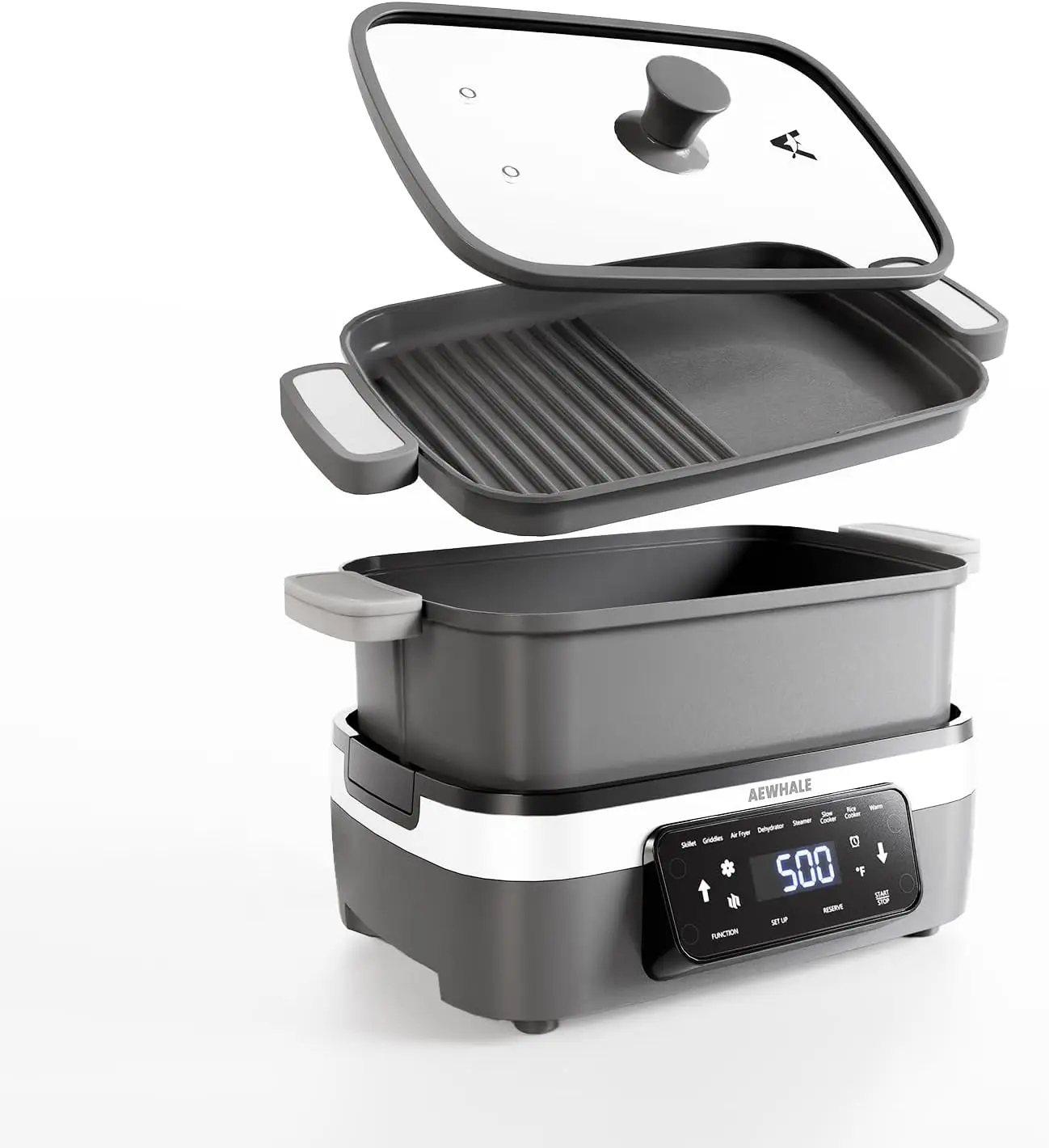1500W Electric Skillet Grill Multifunctional 8 Cooking Functions Removable Non Stick Plate Pot Lid Digital Family Size Griddle