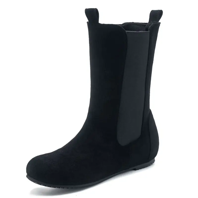 

SIMLOVEYO Flock Suede Размер 42 43 Женская мягкая повседневная обувь Женские ботинки до середины икры с круглым носком на среднем каблуке 4 см Туфли без шнуровки для женщин Горячие