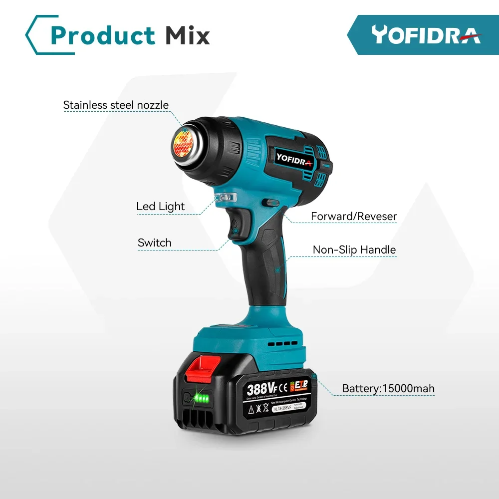 Imagem -02 - Pistola de Calor Elétrica sem Fio Portátil Recarregável Secador de ar Doméstico com Bicos Industrial Makita 18v Bateria 18v 2000w