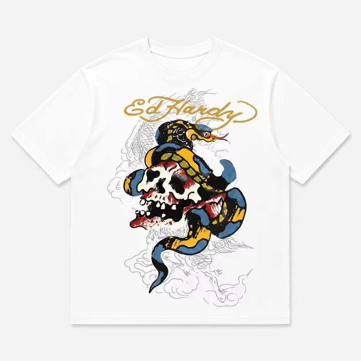 2026 Snake Coiled Blood Skull Dragon Cloud Outline Print T Shirt Unisex Loose Oversized Harajuku