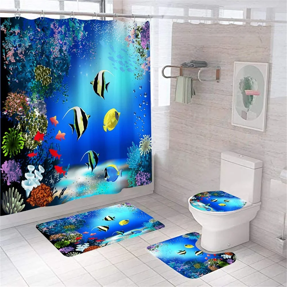 Tropical Fish Shower Curtain Sets Marine Life Underwater Colorful Coral Bathroom Curtains Non-Slip Bath Mat Rug Toilet Lid Cover