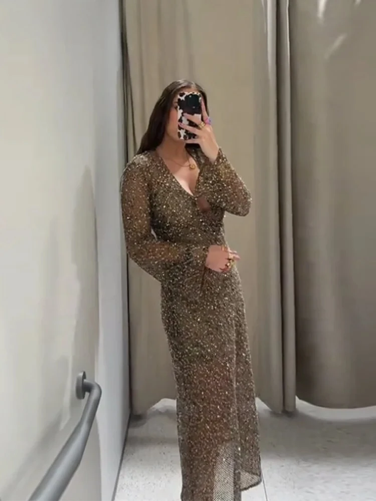 Sexy Pailletten Lange Plissee Kleid Frauen Solide Tiefem V-ausschnitt Volle Hülse Durchsichtig Kleider 2025, Sommer Dame Party Abend Robe Neue