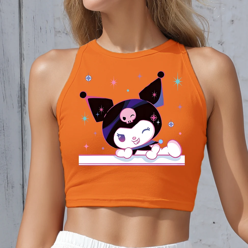 

SUMMER CLOTHES Round Neck Tank Top Cartoon Kuromi Print Tight Fit Women's Summer Vest Sizes S-XL Streetwear KAWAII CLOTHES