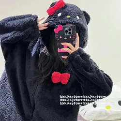 Korean Style Cute Cartoon Hello Kitty Coral Fleece Hooded Sleep Tops Women's Winter Thick Plush Homewear Zipper Coat