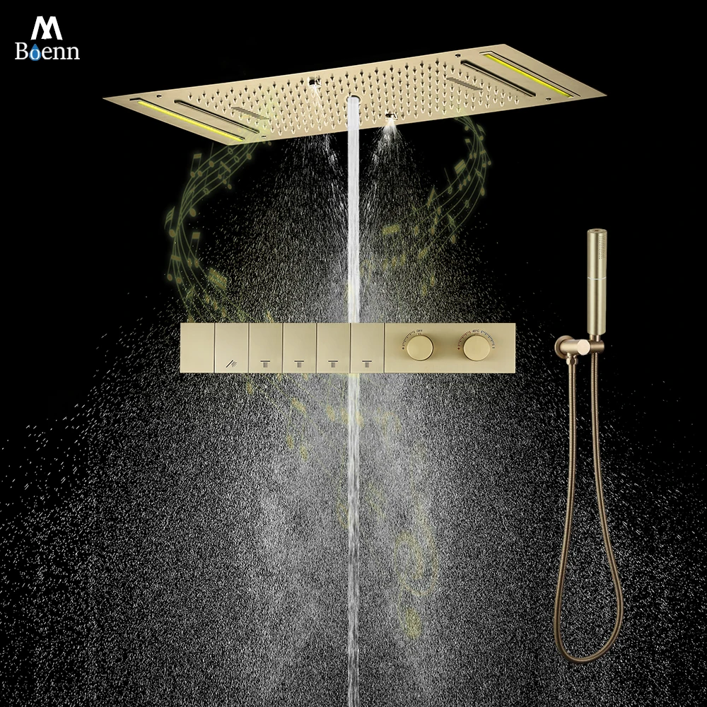 

M Boenn Smart 5 Functions Shower Set System Embedded Ceiling LED Music Black Shower Head Bathroom Faucets Thermostat Mixer Brass