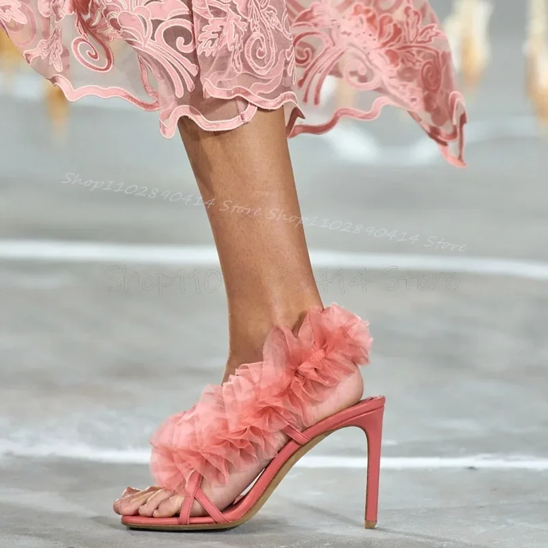 Dusty Pink Mesh Falbala Design Open Toe Sandals Slip On Women Shoes Thin High Heels Novel Party Runway 2025 Zapatos Para Mujere
