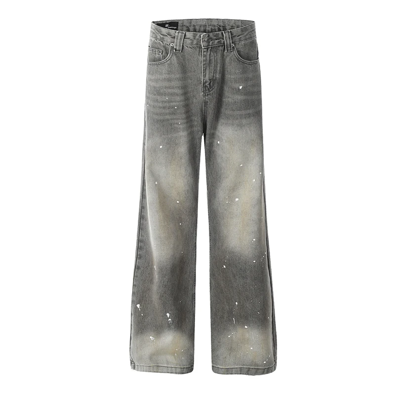 

Мужские потертые джинсы с струйным принтом, весна-осень 2026, свободные повседневные прямые джинсовые длинные брюки, серые брюки American Tide