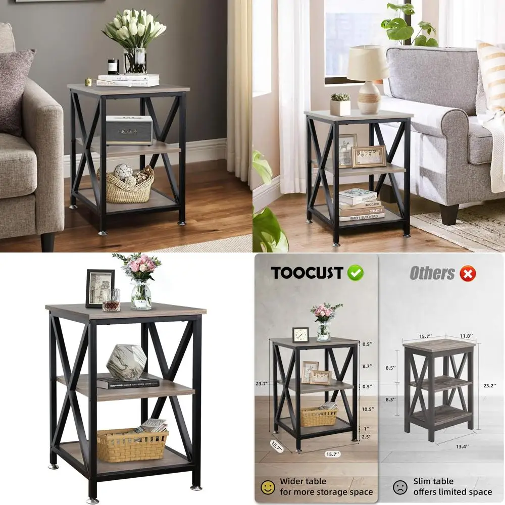 

Charging Station 3-Tier End Table, 16x16x28, Wood and Metal, USB & Outlets, Mobile Living Room, Bedroom, Kitchen Side Table