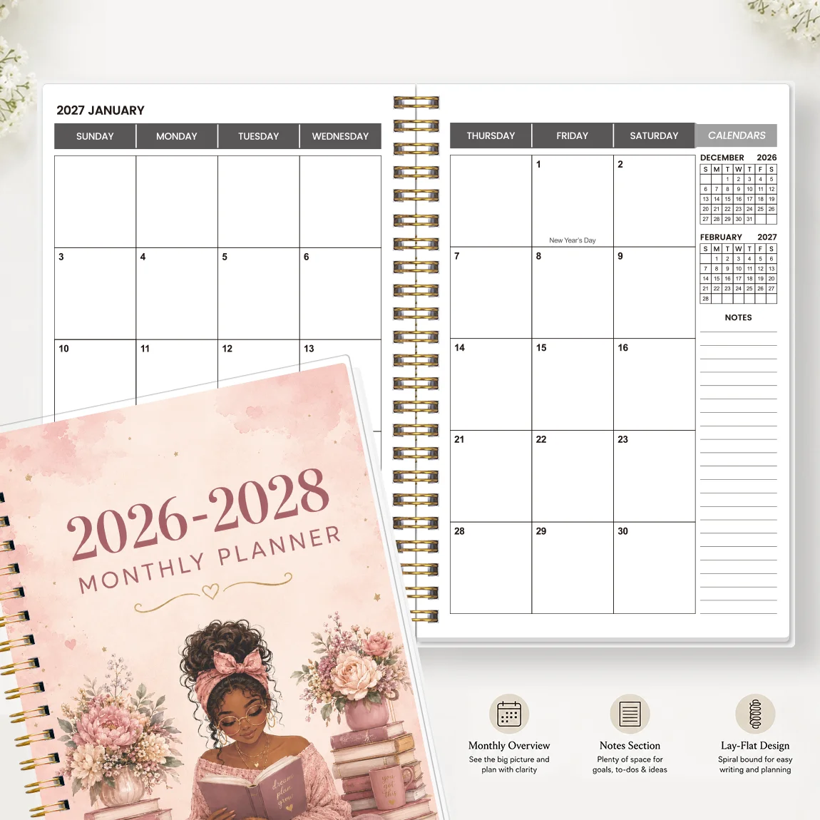 1PC 2026.7-2028.6 24 Monthly Planner, Reading Girl A5 Spiral Agenda Notebook with Reference Calendars and Notes Pages
