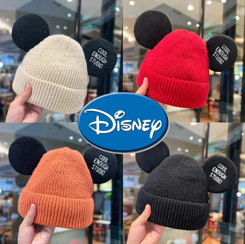 Disney Mickey Mouse Knitted Bonnets Cute Mickey Ears Winter Warm Hats for Women Cartoon Beanie Fashions Casual Outdoor Caps