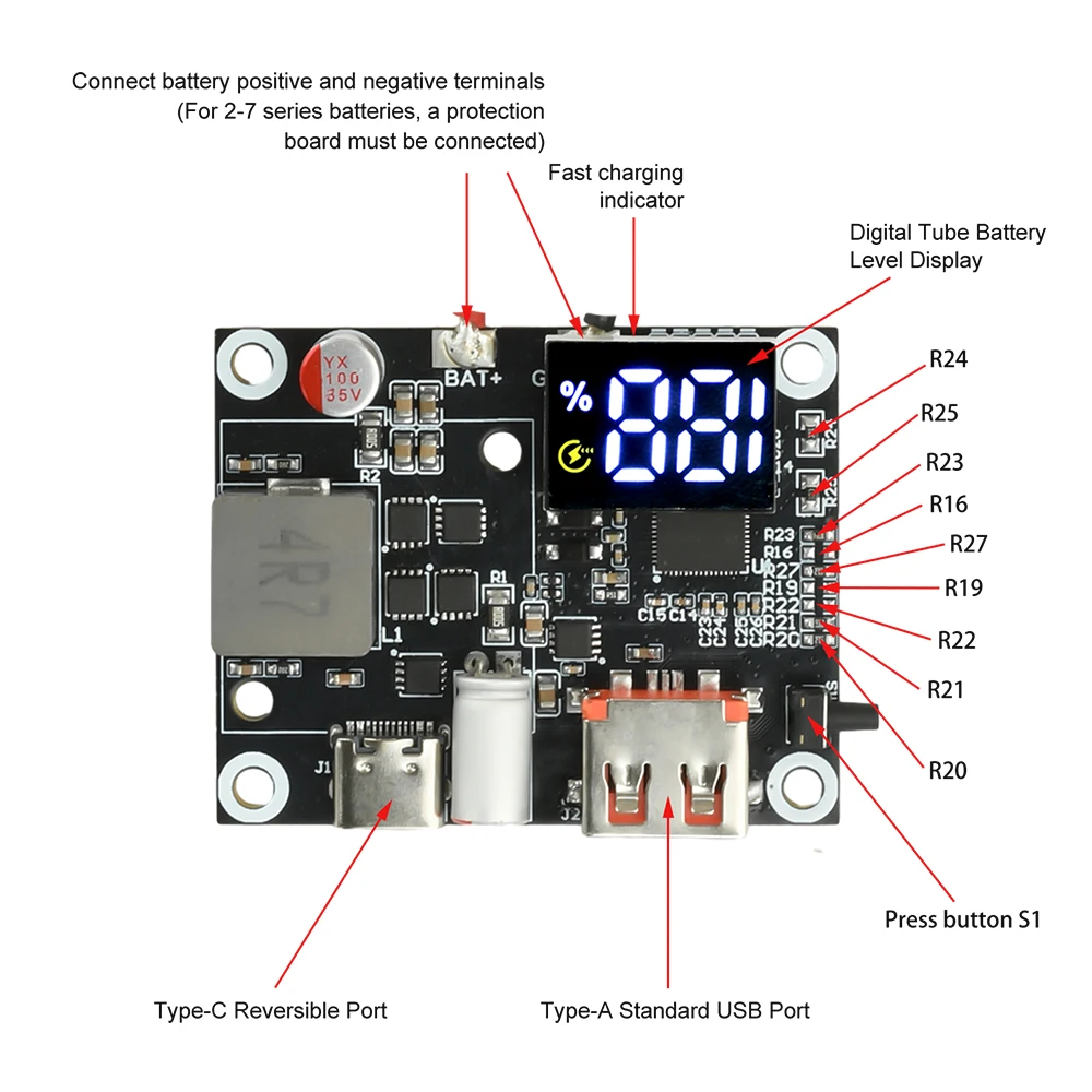 QC PD 3S/4S/5S/6S 65W Type-C USB-A Mobile Power Bank Charging Module Bidirectional Fast Charger Power Module Circuit Board