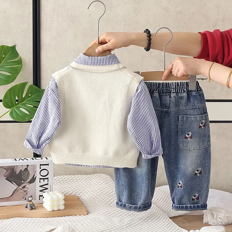 Boys' Spring and Autumn Set Fashion New Style Children's Korean Edition College Shirt Vest Pants 3-Piece Set