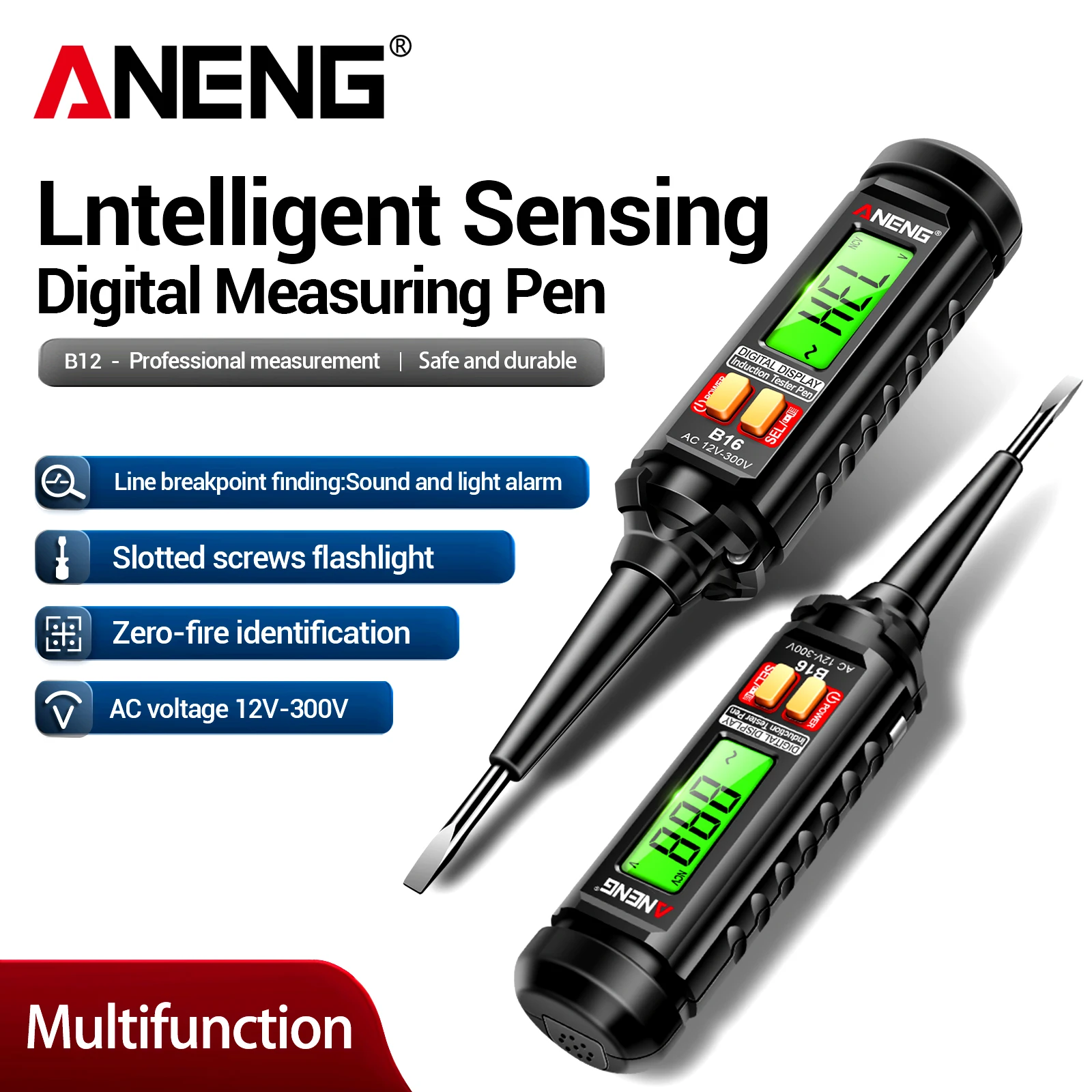 ANENG B16 Digital AC Voltage Tester Pen 12V-300V NCV Non-Contact Detector with LCD Display Sound Light Alarm Zero Fire Wire Test