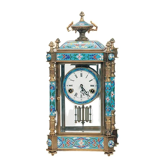 Gilt Floral Blue Cloisonne Enamel Brass Pillar Case & Dial Top Roman NO. Lower Porcelain Figure Painting Chapters Desk Clock