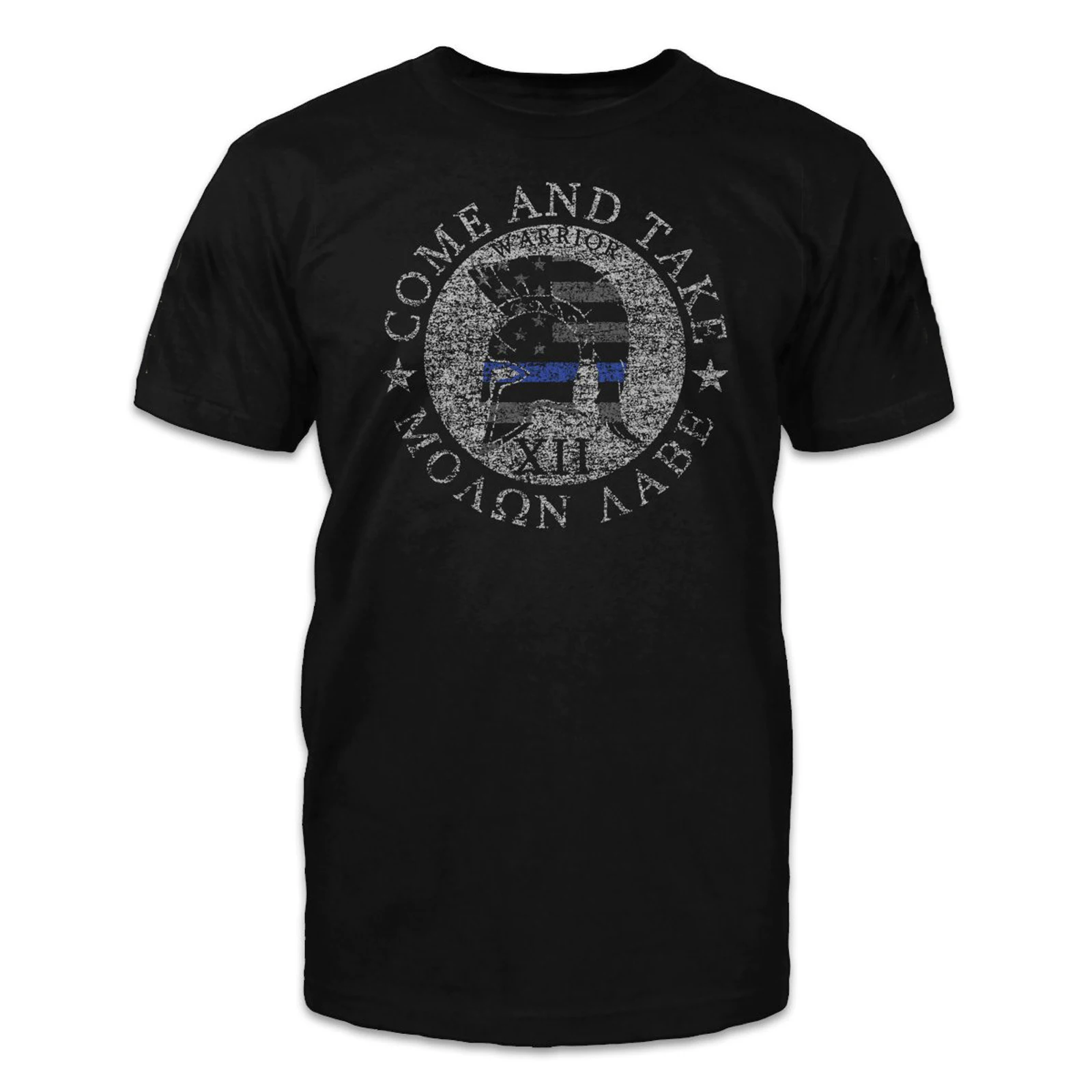 Thin Blue Line Flag Spartan Shield Spear Warrior Molon Labe Motto T-Shirt. Summer Cotton Short Sleeve O-Neck Mens T Shirt New