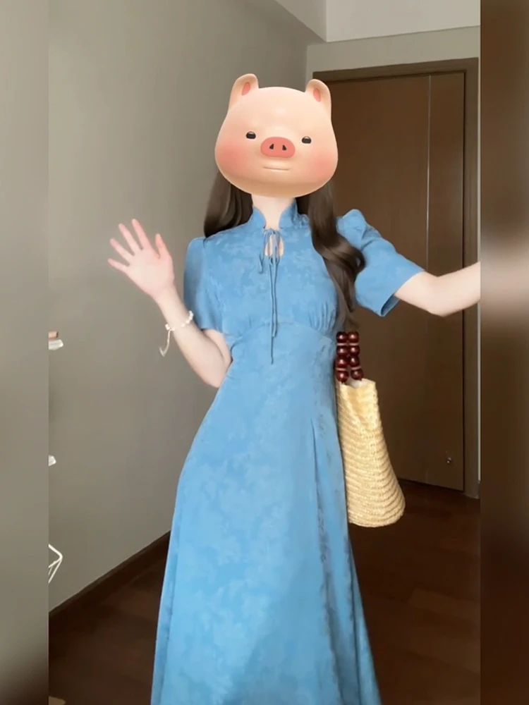 

XZY Ele Retro Chinese Sle Long Dr with Belt for plus Size Women Summer Commute Stand Collar A-Line Skirt Dr